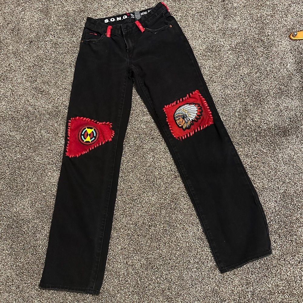 Redhawk Designs Hand Crafted Black and Red Boyfriend Jeans -One of a kind sz 24
